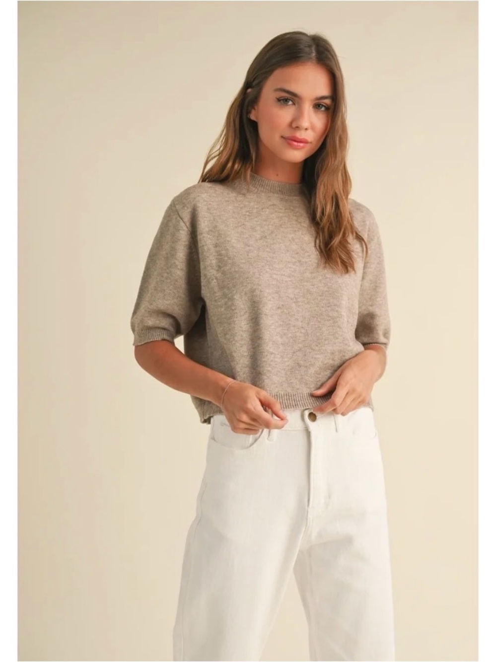 Miou Muse Tan Short Sleeve Sweater Top